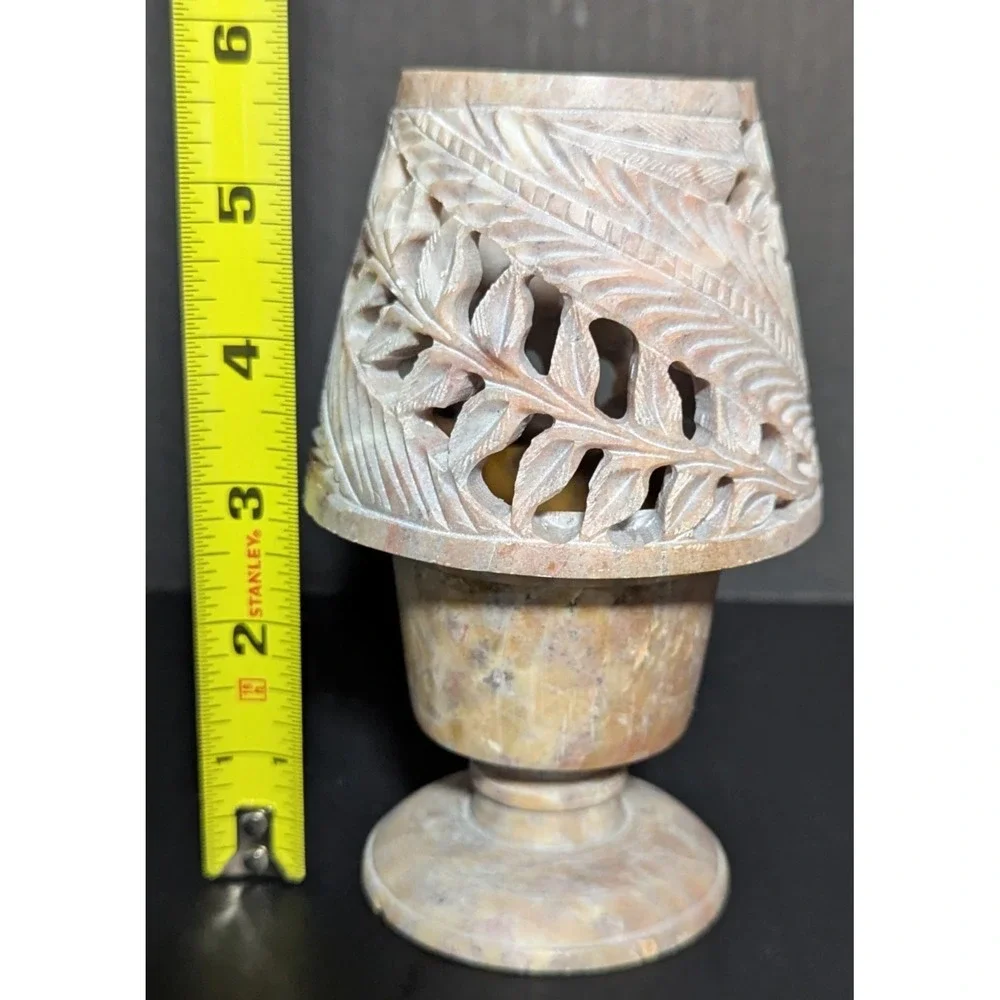 Carved Stone Tealight/Votive Candle‎ Holder and Shade Tones of Browns & Pinks 6